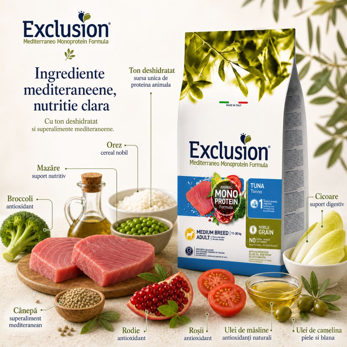 EXCLUSION Mediterraneo Monoprotein Formula Medium Breed, M, Ton, hrană uscată monoproteică câini, 12kg - imagine 6